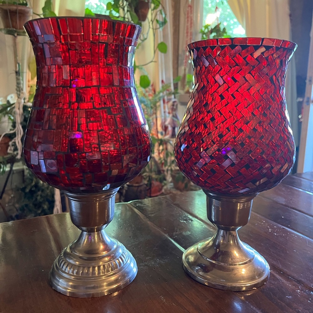 Red Mosaic Glass Hurricane Candle Holders - Unbranded